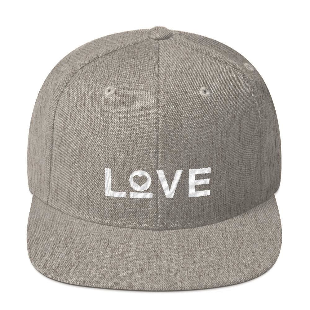 Love snapback hat with flat brim, light gray fabric with white LOVE logo