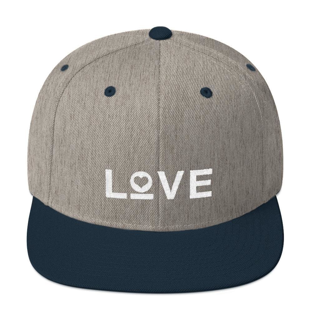 Love snapback hat with flat brim, light gray top with dark navy brim and white LOVE logo