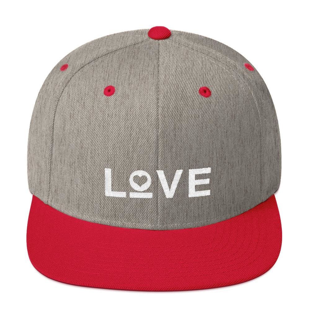 Love snapback hat with flat brim, heather gray with red brim and white LOVE logo