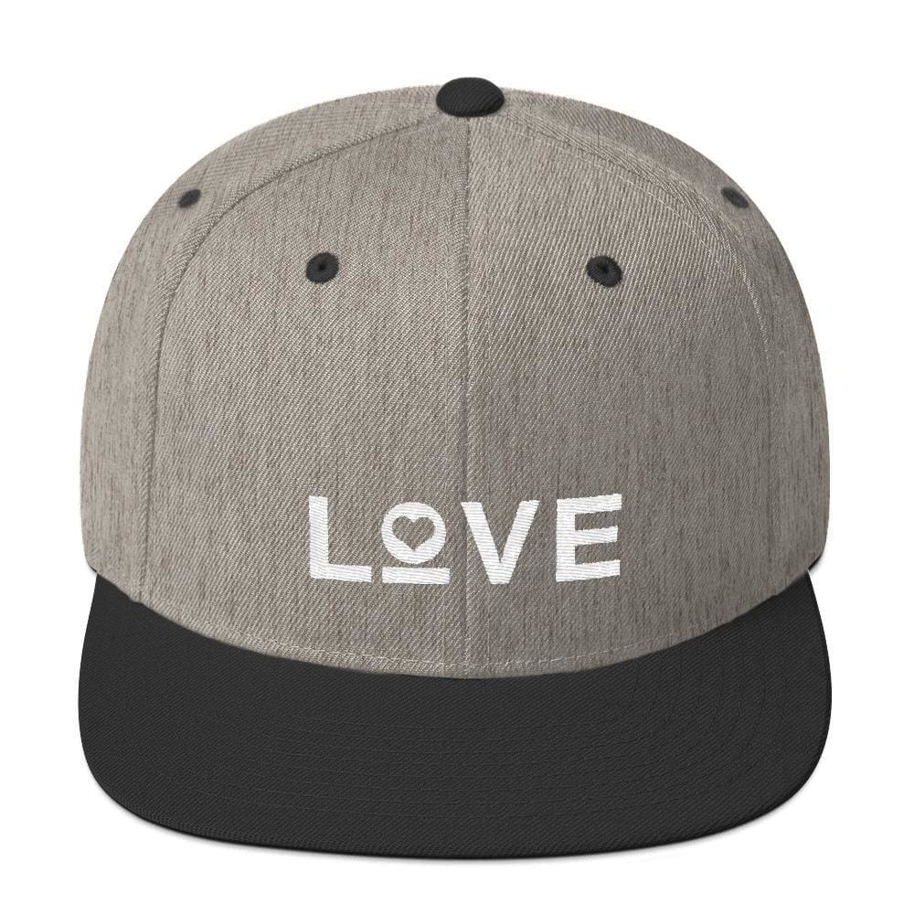 Love snapback hat with flat brim, heather gray body with black brim and white LOVE logo