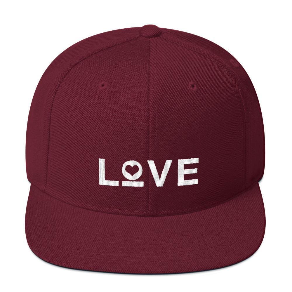 Love snapback hat with flat brim, maroon hat with white LOVE logo
