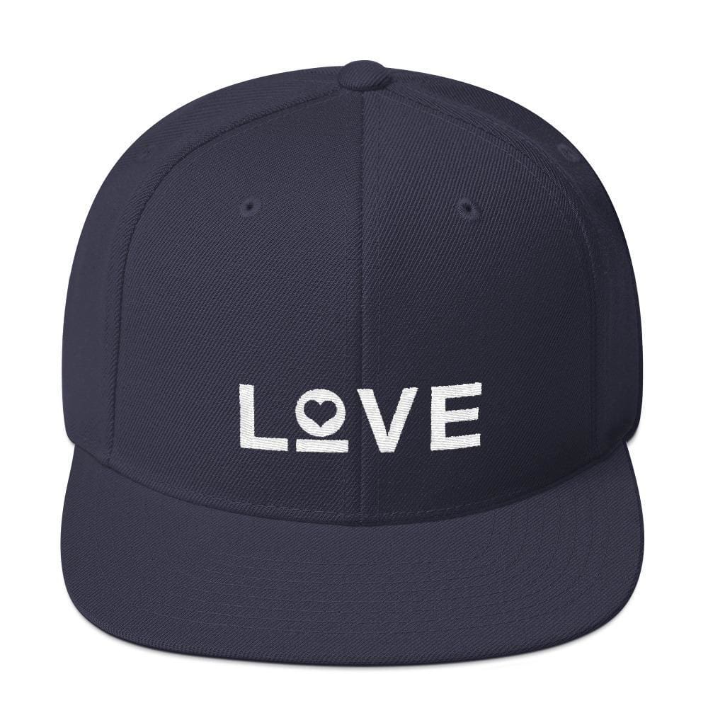 Snapback hat, navy with white LOVE heart graphic and flat brim.
