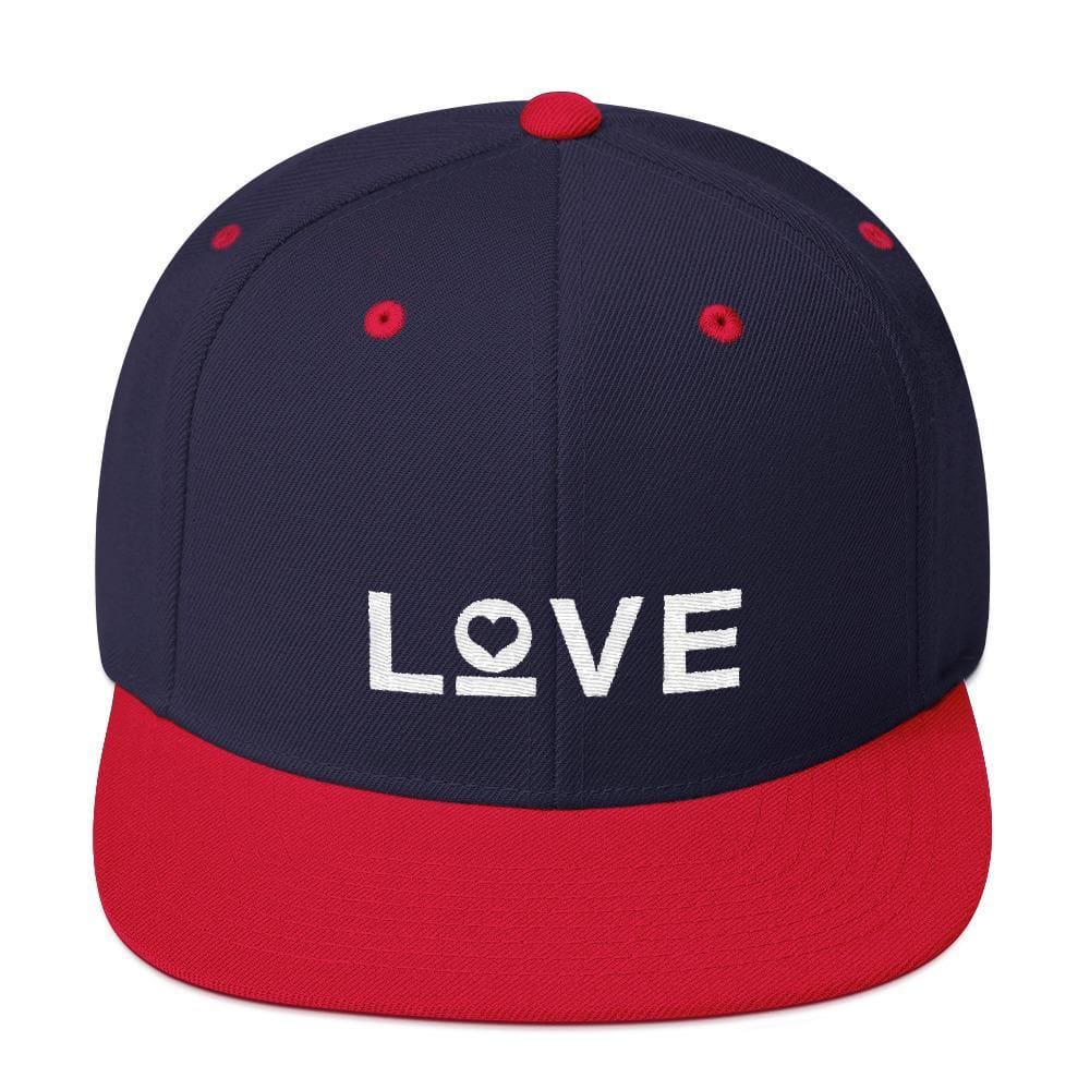 Snapback hat, navy with red top button, red brim, and white LOVE graphic.