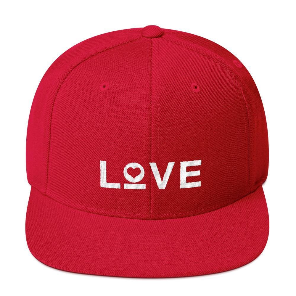 Red snapback hat with flat brim, LOVE logo embroidery with heart, snapback closure