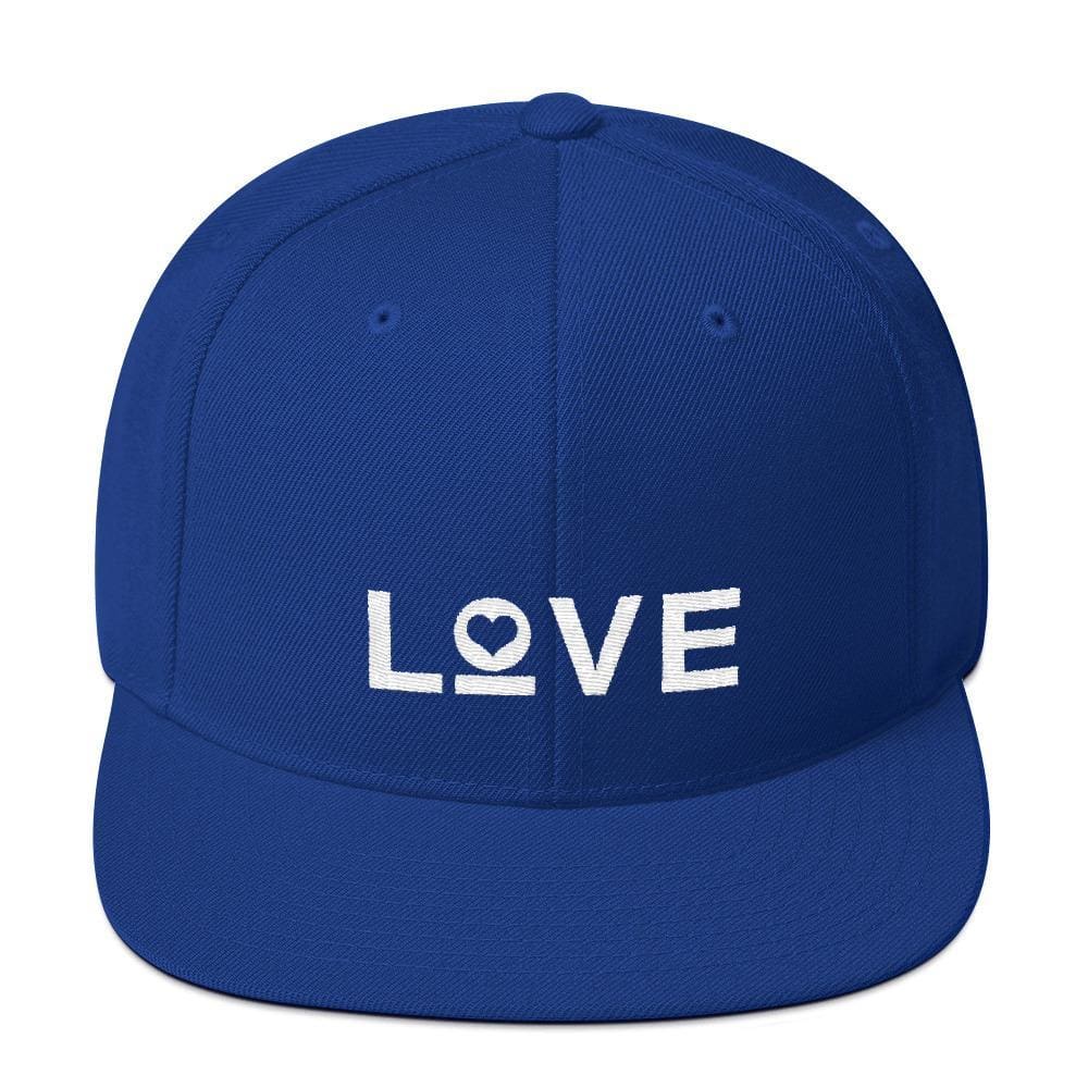 Love snapback hat with flat brim, deep blue with white LOVE logo
