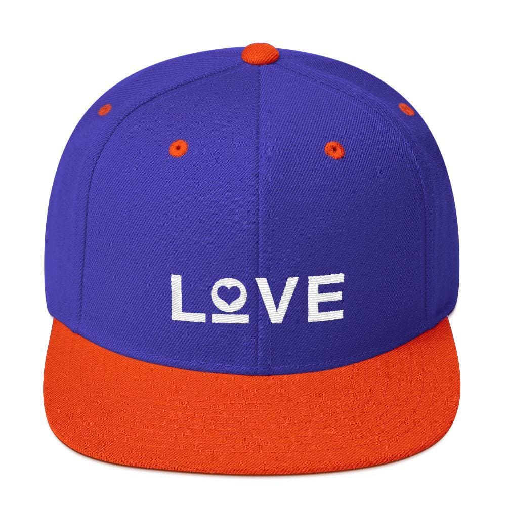 Love snapback hat with flat brim, royal blue with orange brim and orange accents, white LOVE logo