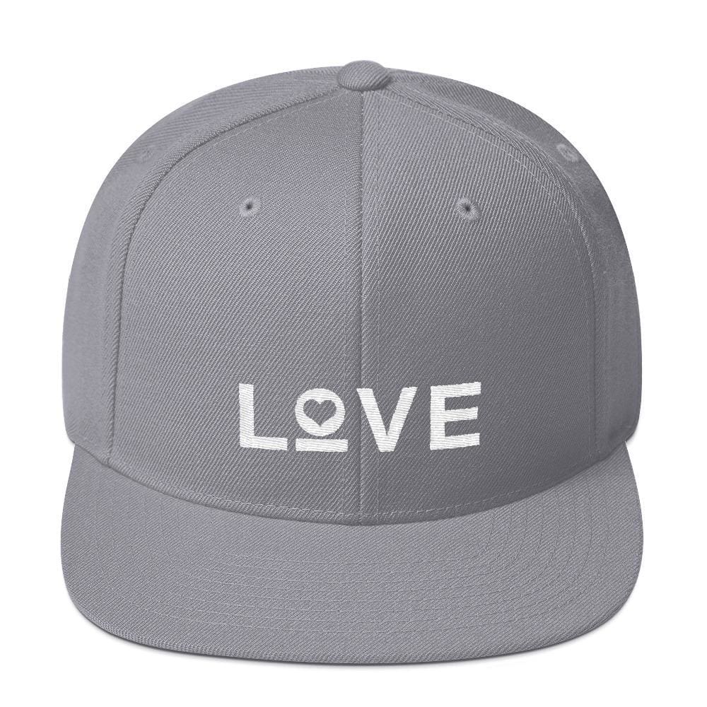 Love snapback hat with flat brim, medium gray fabric with white LOVE logo