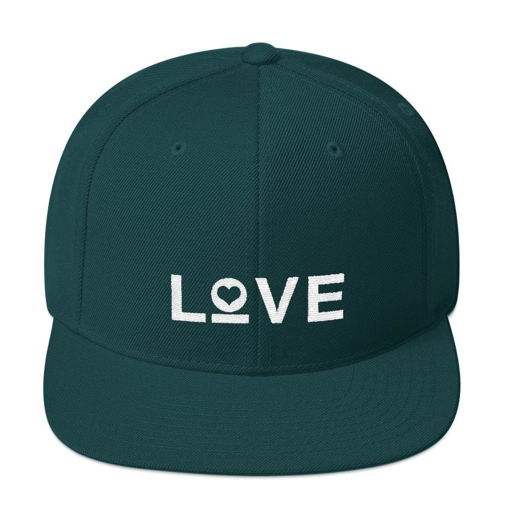 Love snapback hat with flat brim, dark teal with white LOVE logo