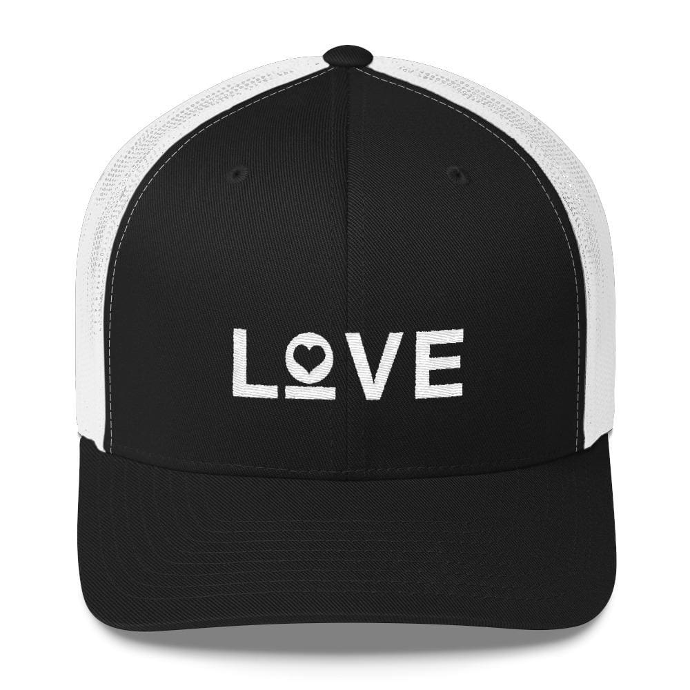 Black snapback trucker hat with white mesh sides and "LOVE" heart embroidery