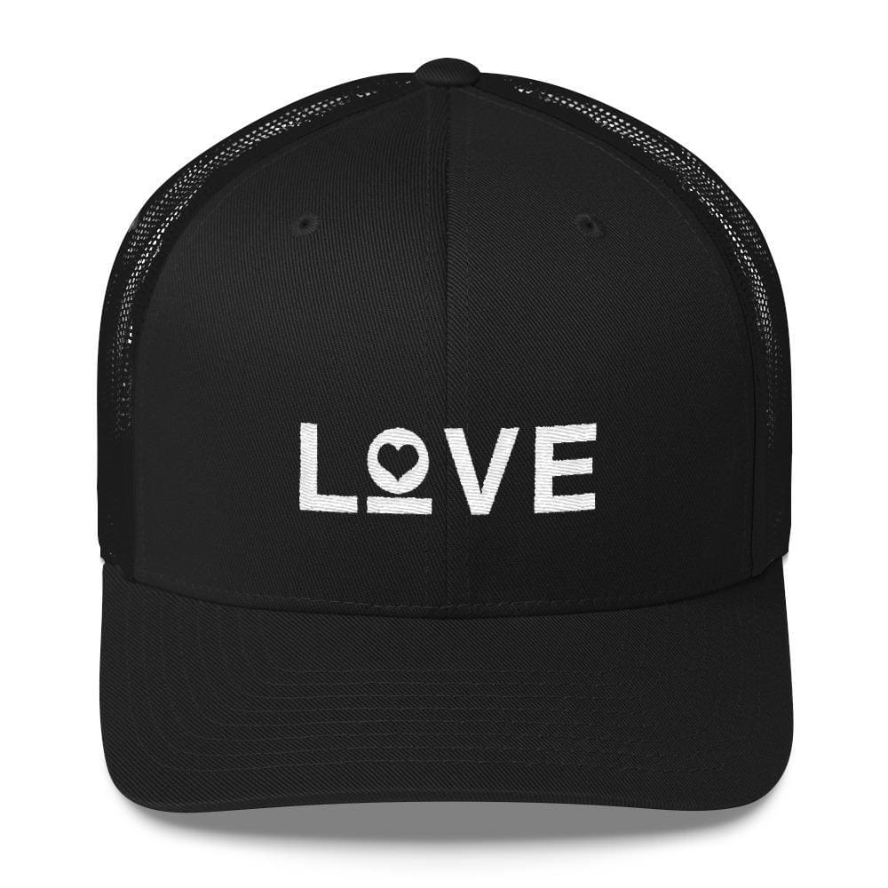 Black snapback trucker hat with "LOVE" heart embroidery