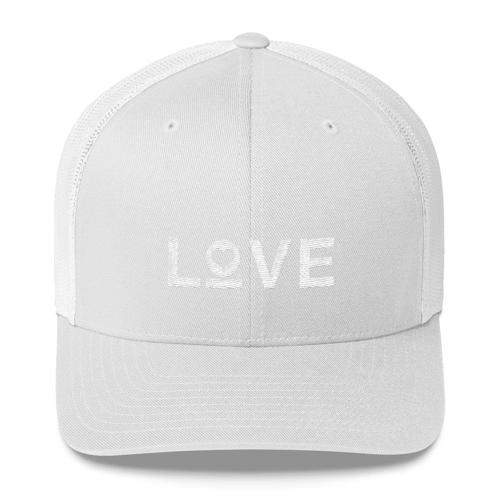 White snapback trucker hat with "LOVE" heart embroidery