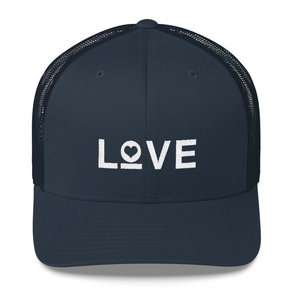 Navy snapback trucker hat with "LOVE" heart embroidery