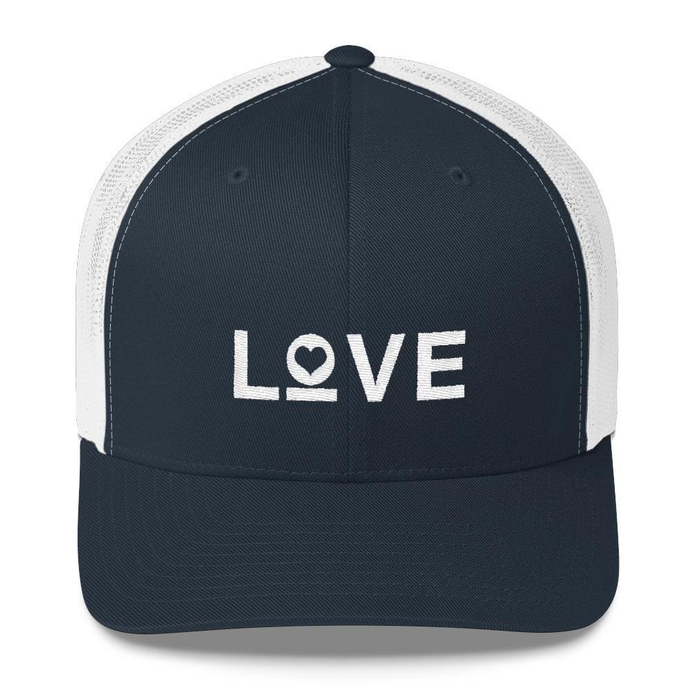 Navy snapback trucker hat with white mesh sides and "LOVE" heart embroidery