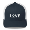 Navy snapback trucker hat with white mesh sides and "LOVE" heart embroidery