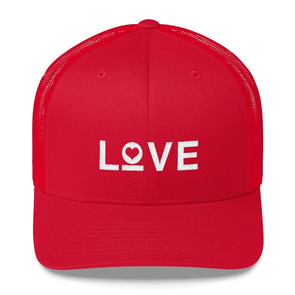 Red snapback trucker hat with "LOVE" heart embroidery