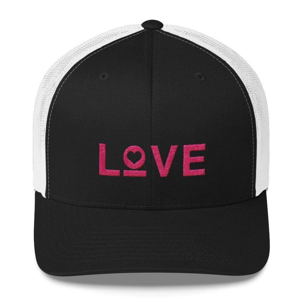 Black-and-white snapback trucker hat with pink LOVE logo on front