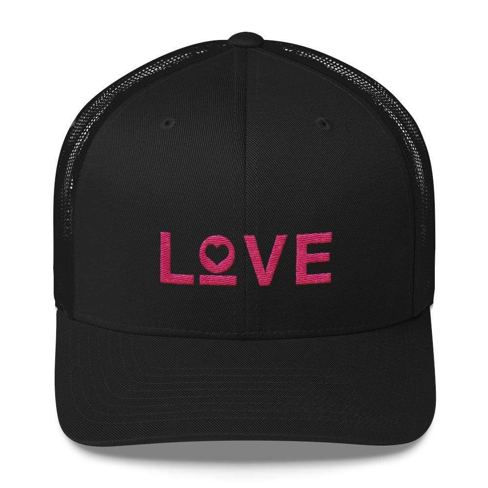 Black snapback trucker hat with pink LOVE logo on front