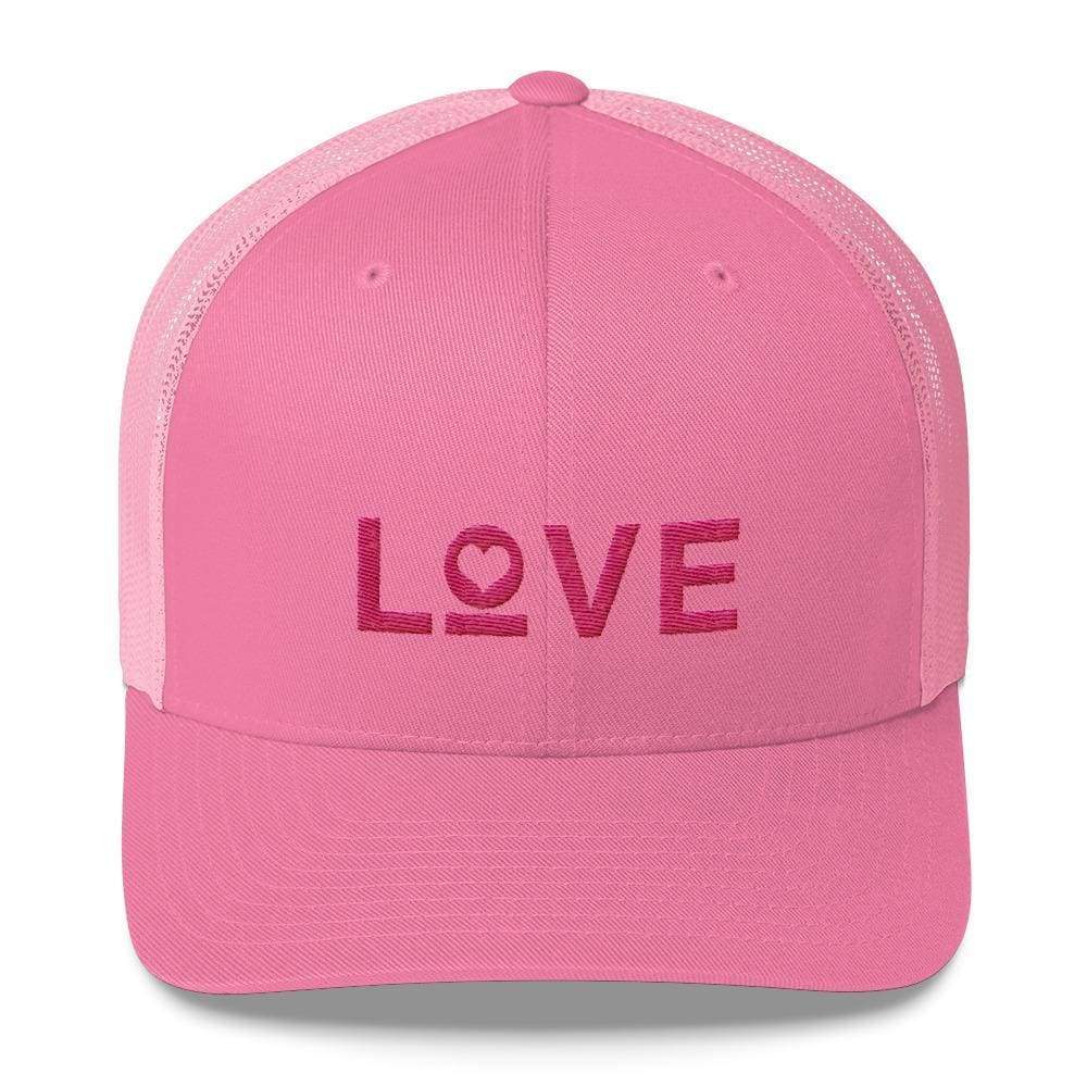 Pink snapback trucker hat with pink LOVE logo on front