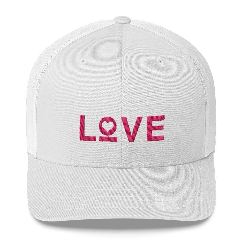 White snapback trucker hat with pink LOVE logo on front