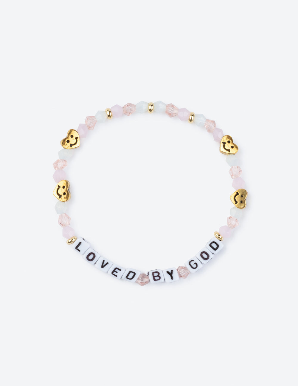 Beaded letter bracelet with pink beads, gold-tone charms, and spaced love text.
