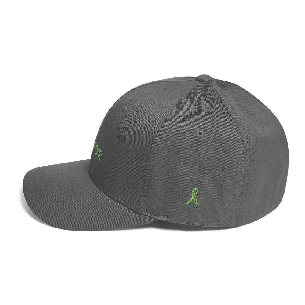 Grey twill fitted hat with small green ribbon symbol on side panel.