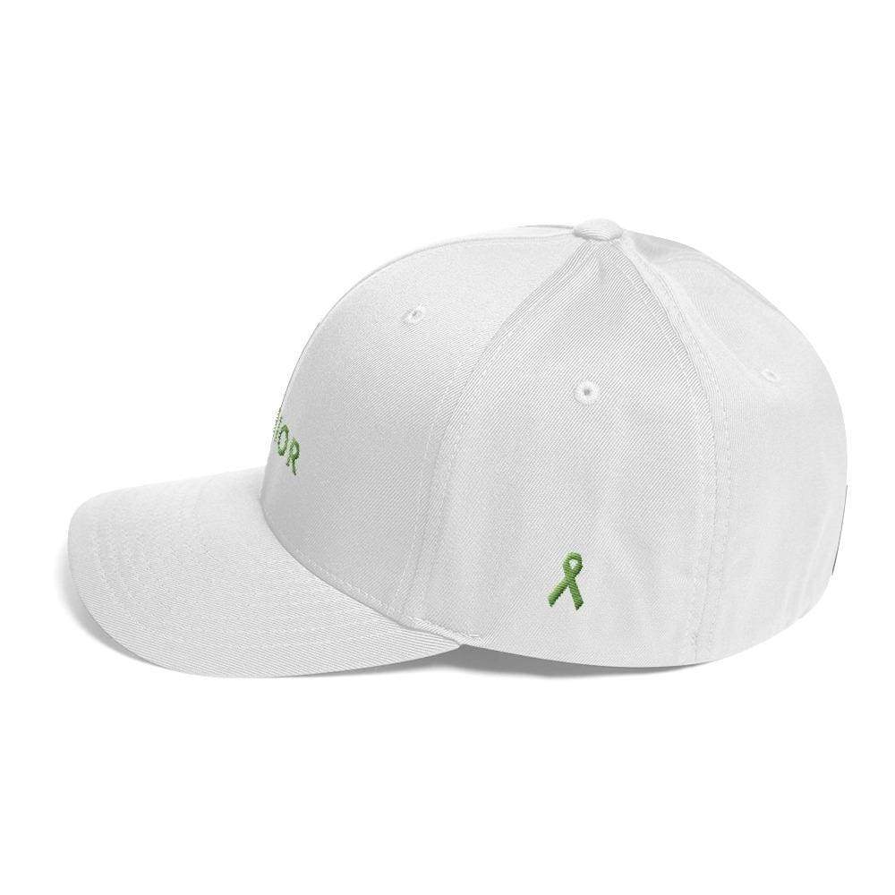 White fitted twill hat with green awareness ribbon on side