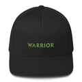 Black twill fitted hat with green “WARRIOR” embroidery on front panel.