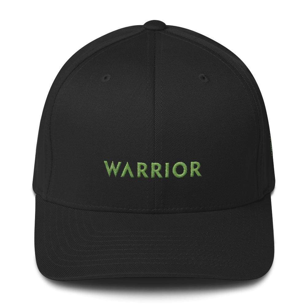 Black twill fitted hat with green “WARRIOR” embroidery on front panel.