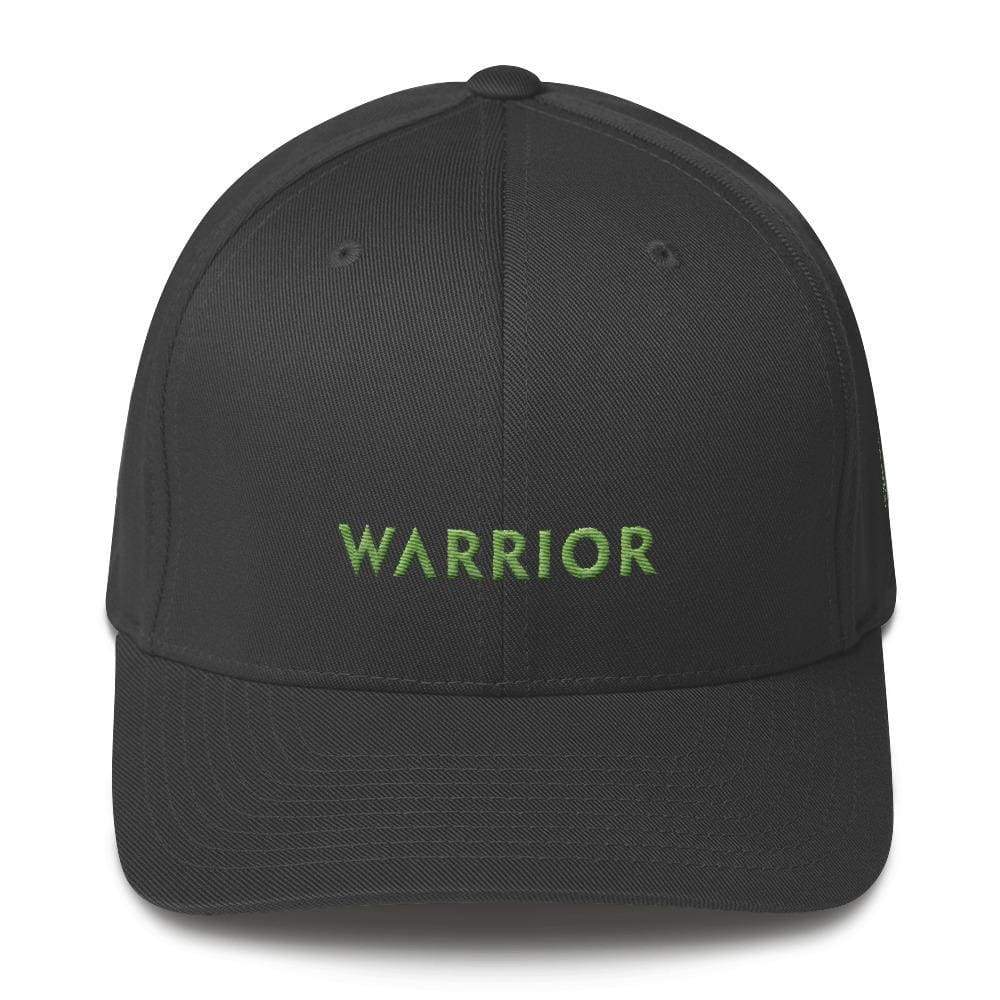 Dark grey twill fitted hat with green “WARRIOR” embroidery on front panel.