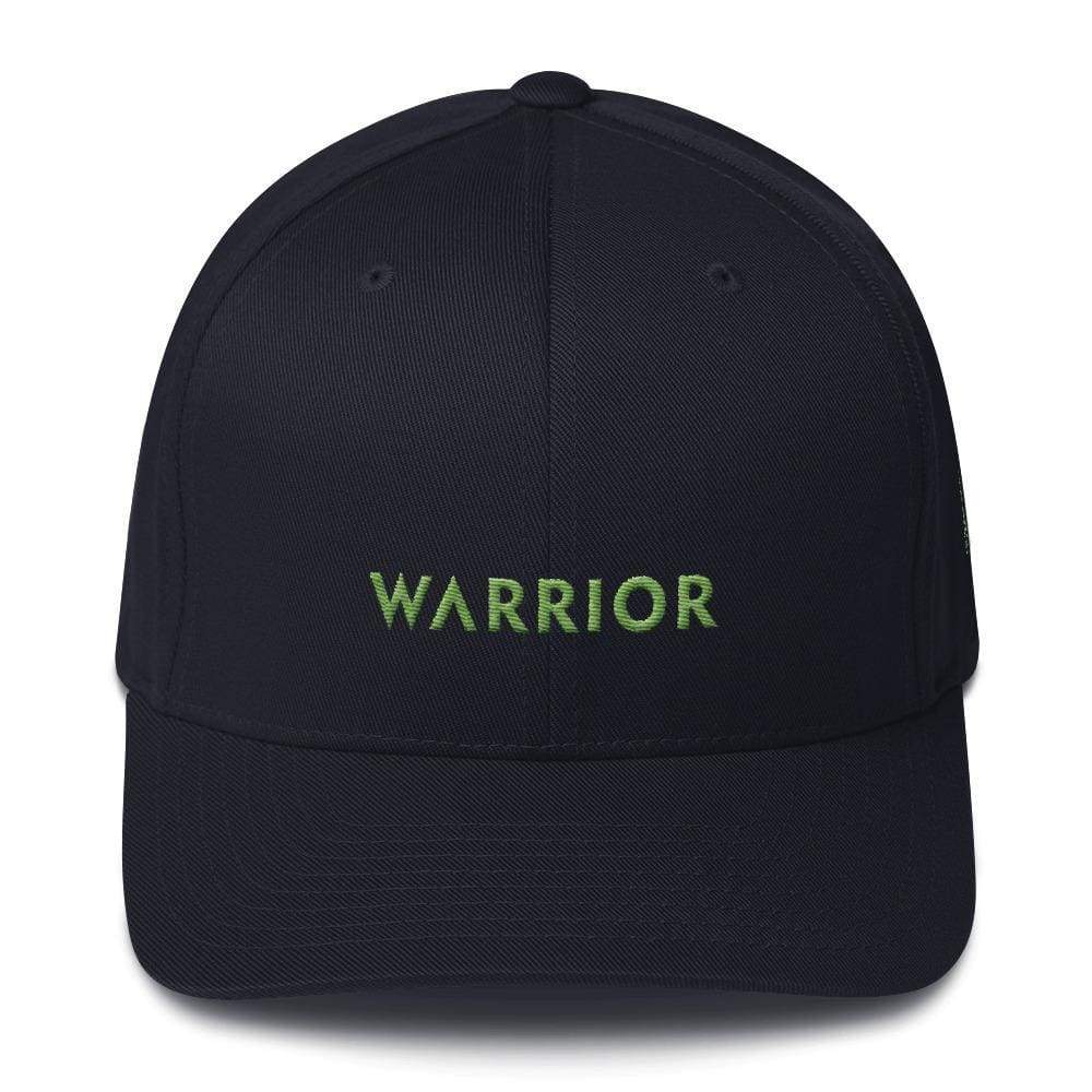 Dark navy twill fitted hat with green “WARRIOR” embroidery on front panel.