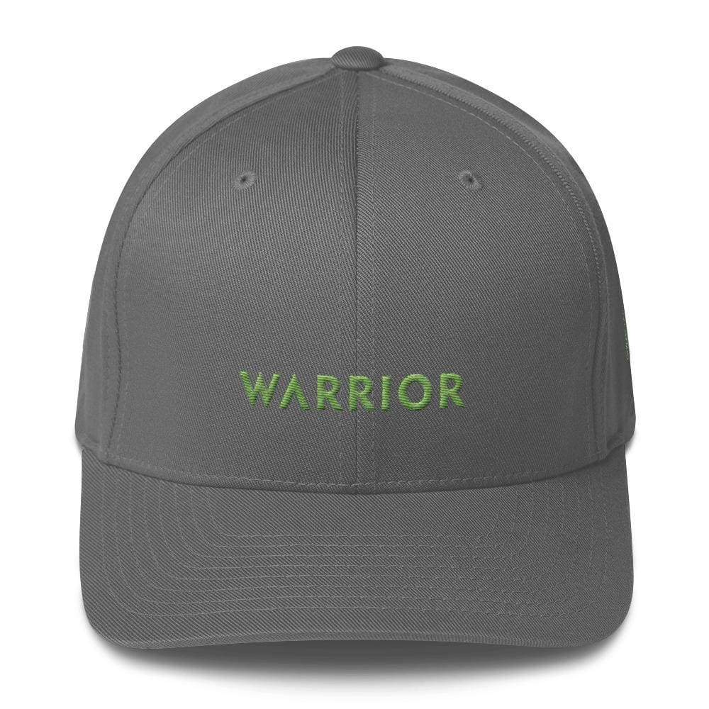 Grey twill fitted hat with green “WARRIOR” embroidery on front panel.