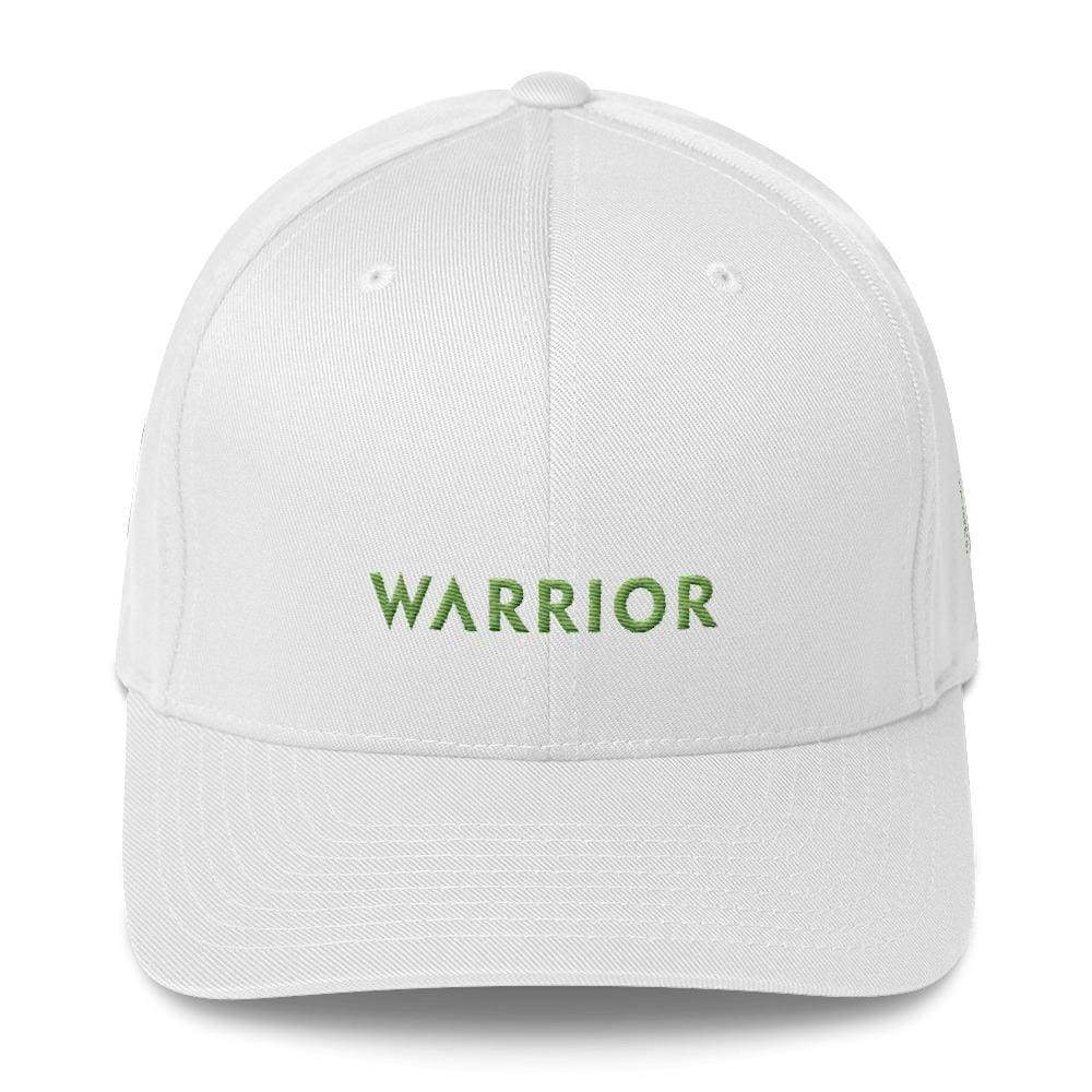 White fitted twill hat with green “WARRIOR” text and stitched eyelets