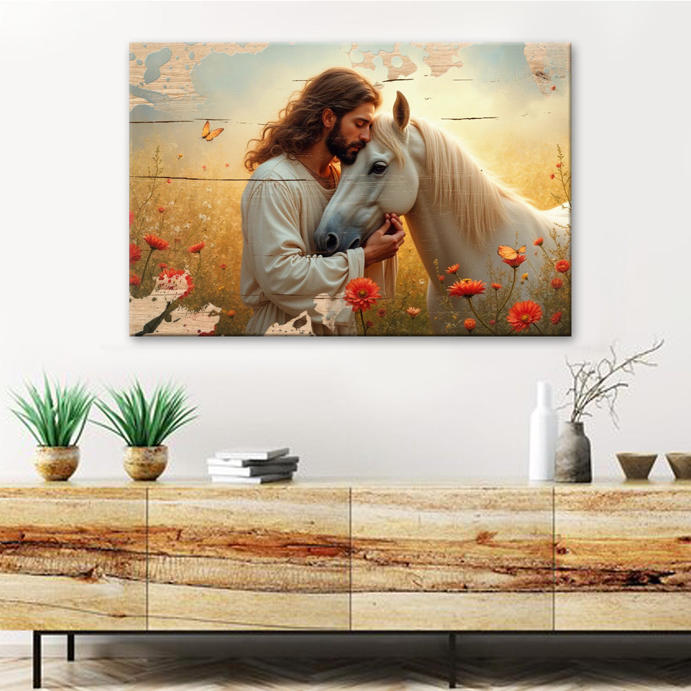 Landscape canvas wall art: man holding white horse amid flowers and butterflies