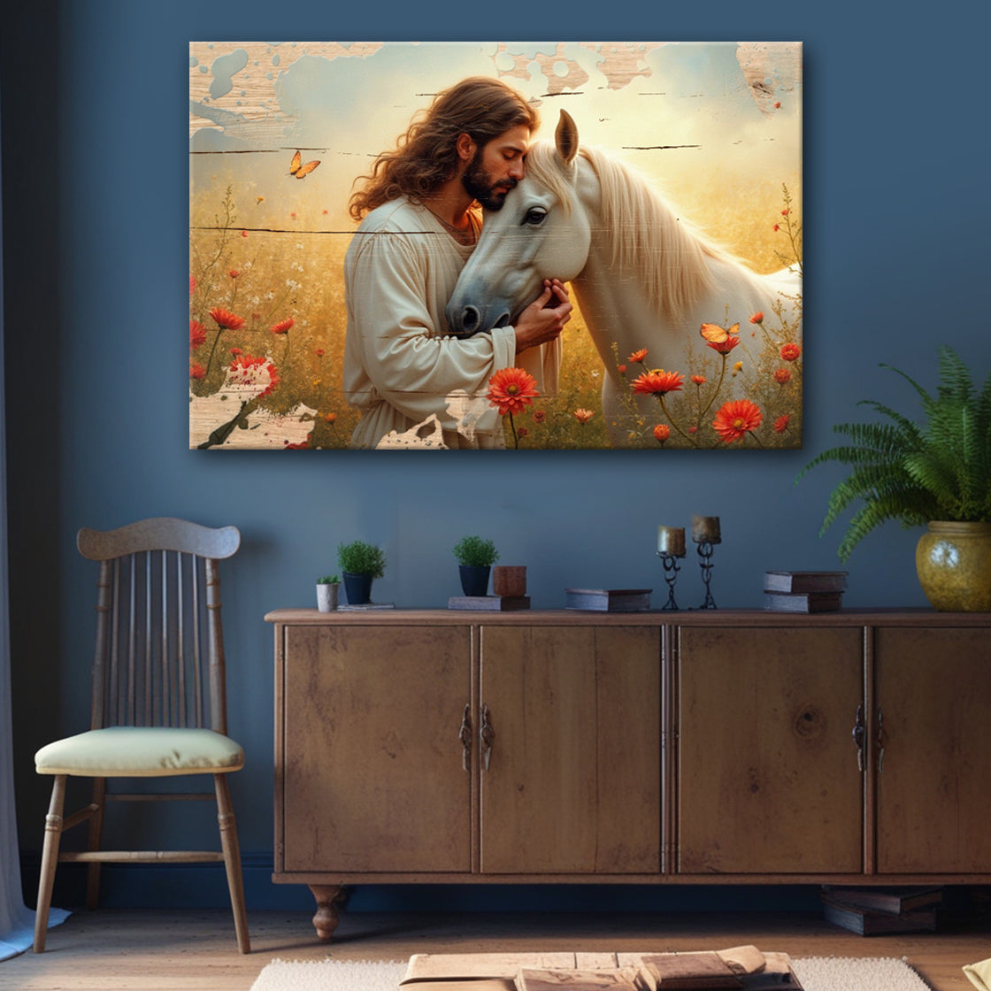 Landscape canvas wall art featuring man hugging a white horse with flowers