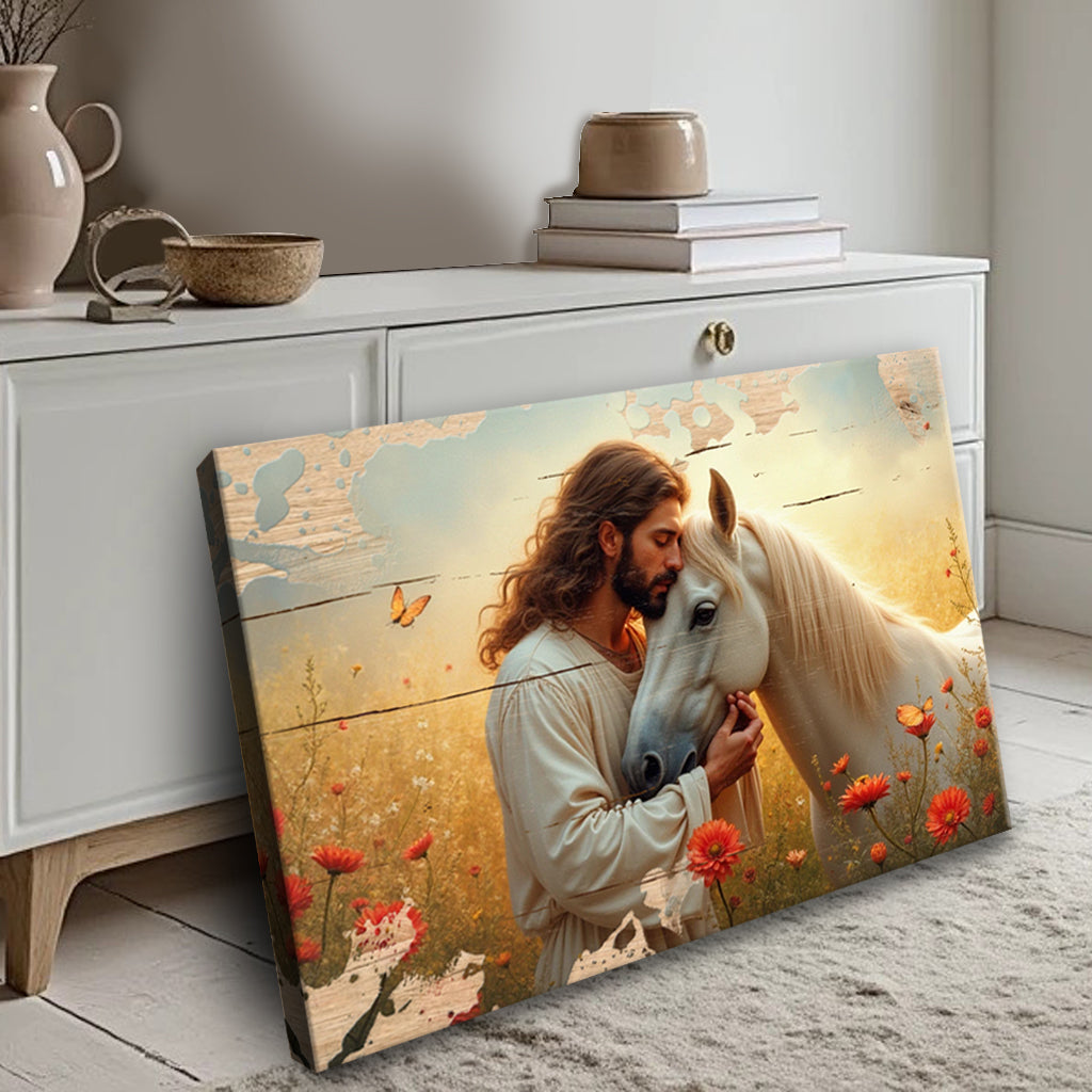 Landscape canvas wall art displayed on floor with man holding white horse and flowers