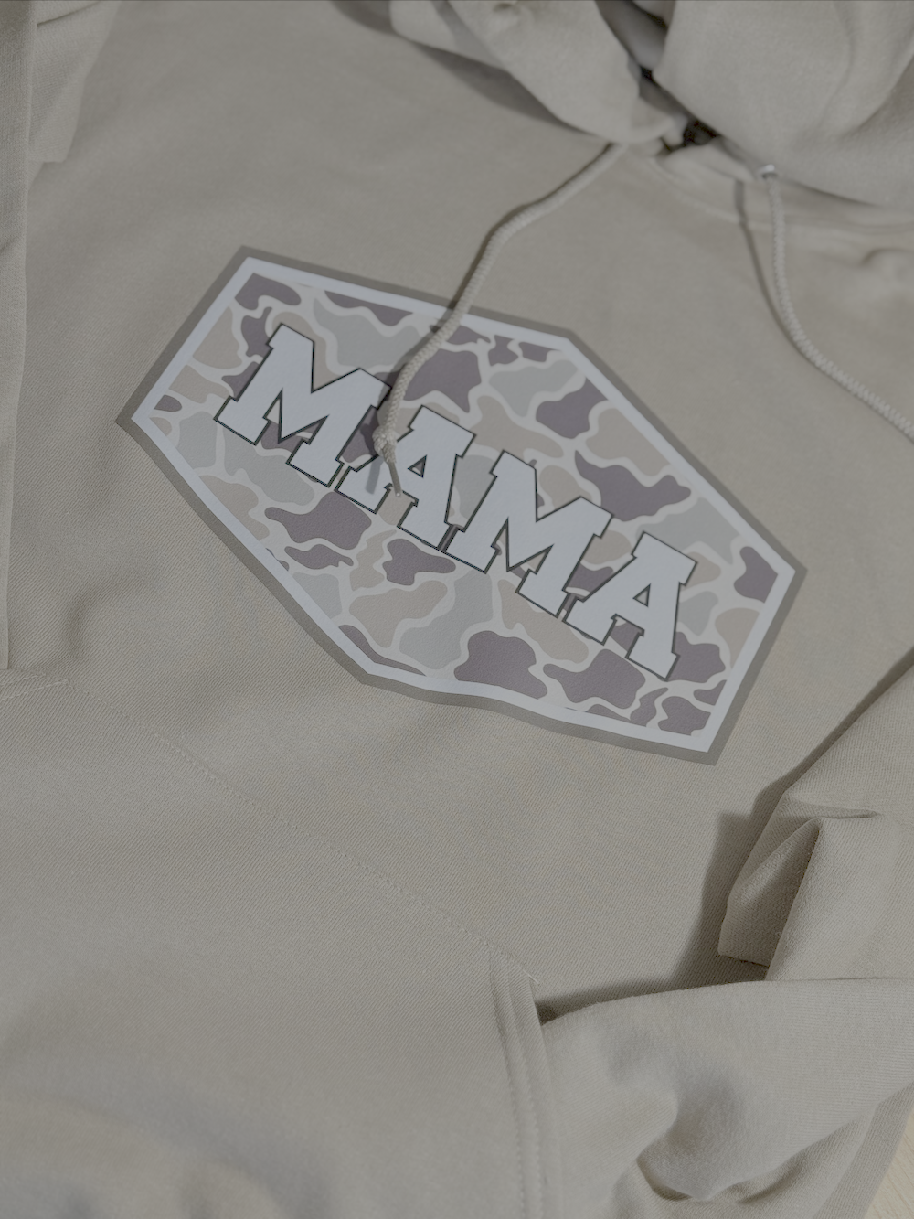 Gray camo-print hoodie with large "MAMA" logo patch and front kangaroo pocket
