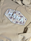Gray camo-print hoodie with large "MAMA" logo patch and front kangaroo pocket