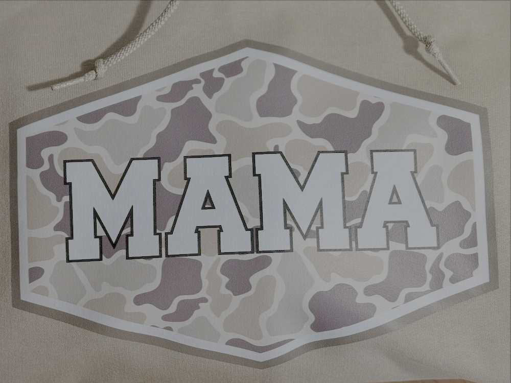 Camo Mama hoodie with tan, gray, and mauve camo print and bold MAMA graphic
