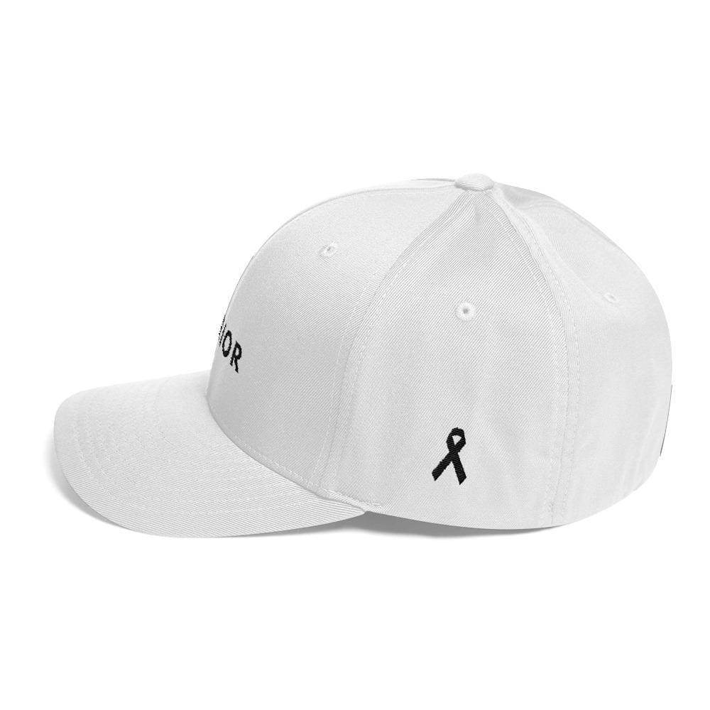 White fitted twill cap with black ribbon logo and WARRIOR text on front