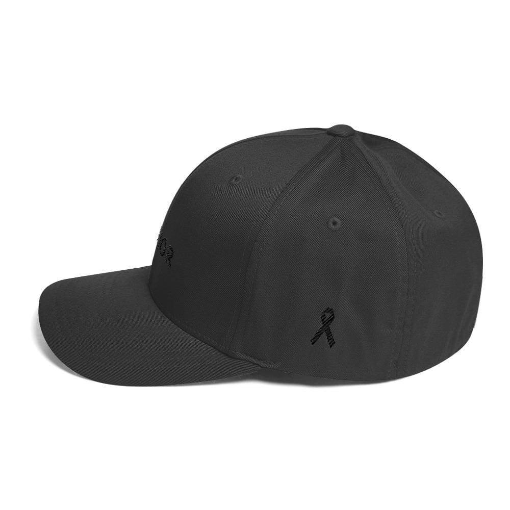 Black twill fitted cap with black ribbon emblem on side, angled view
