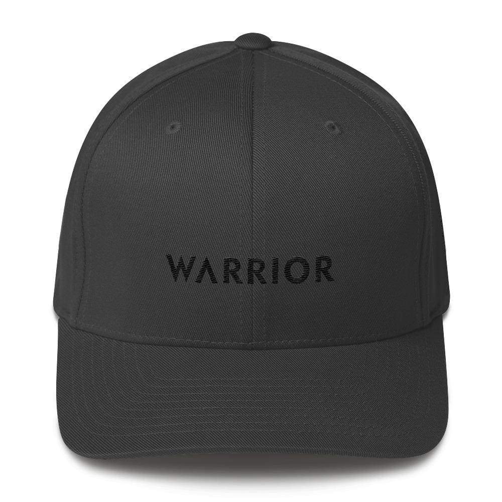 Black twill fitted cap with "WARRIOR" text on front panel