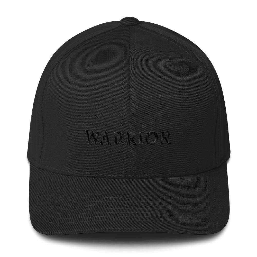 Black fitted twill cap with WARRIOR text on front panel