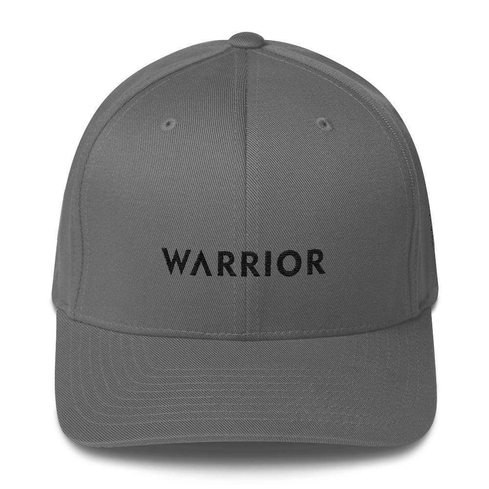 Grey fitted twill cap with WARRIOR text and small ribbon logo on front