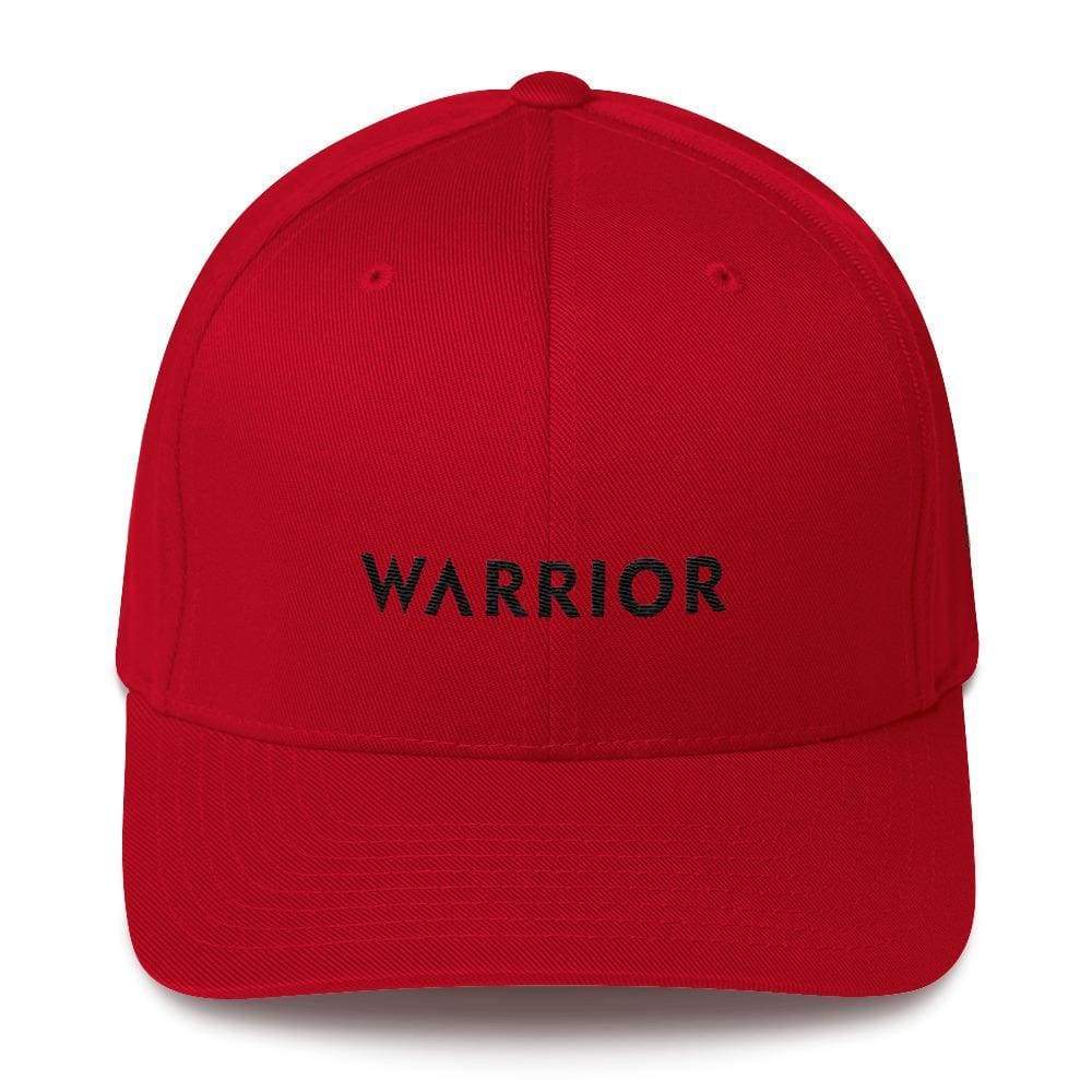 Red fitted twill cap with WARRIOR text and black ribbon logo on front