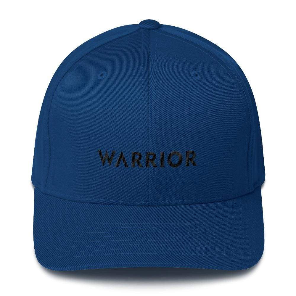 Royal blue fitted twill cap with WARRIOR text and ribbon logo on front