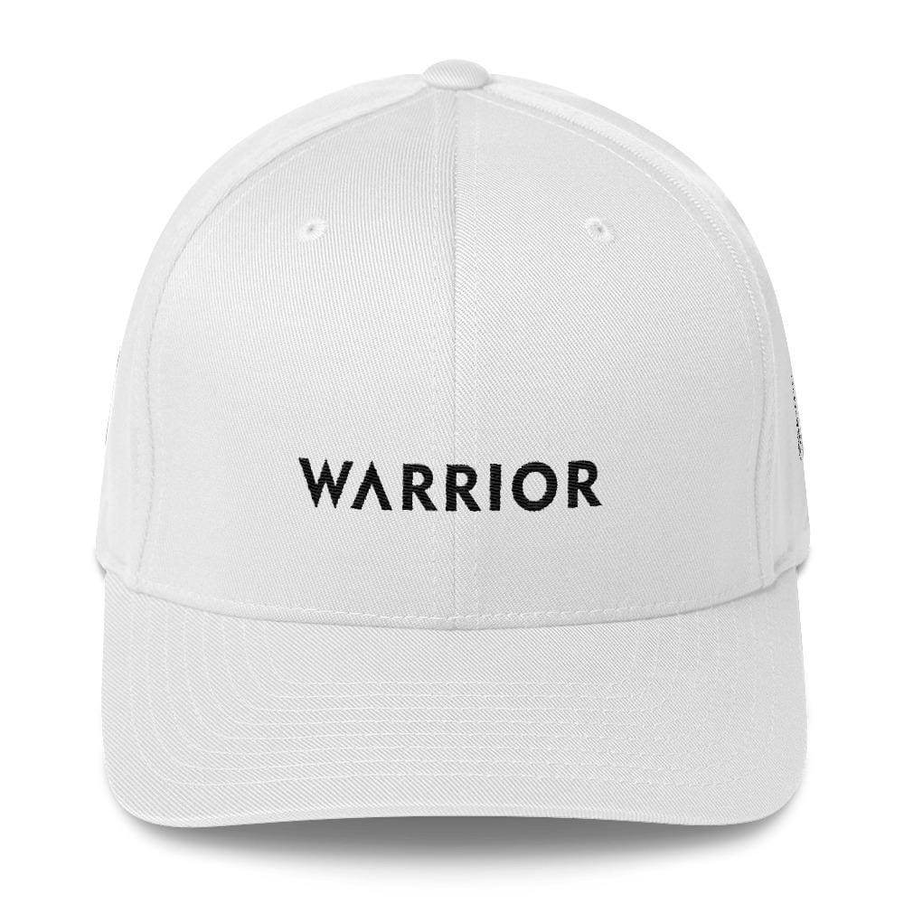 White fitted twill cap with WARRIOR text on front panel
