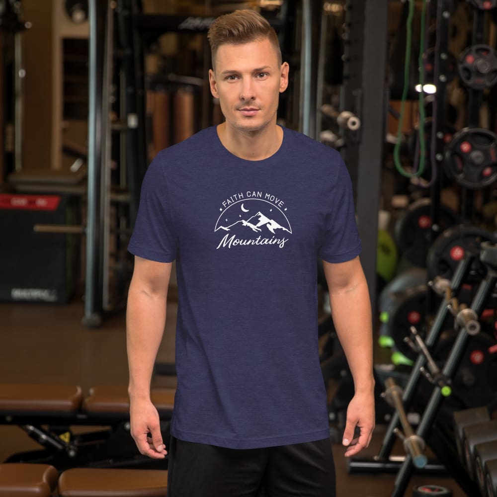 Men's heather navy short-sleeve T-shirt with Faith can move mountains graphic