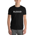 Men's graphic T-shirt, solid black, crew neck; 'BLESSED' front print
