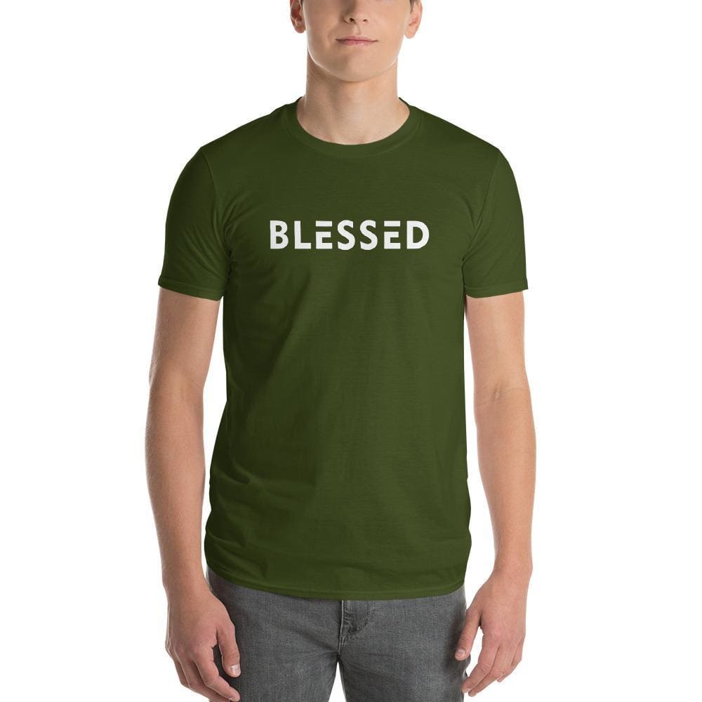 Men's graphic T-shirt, dark green, crew neck; 'BLESSED' front print