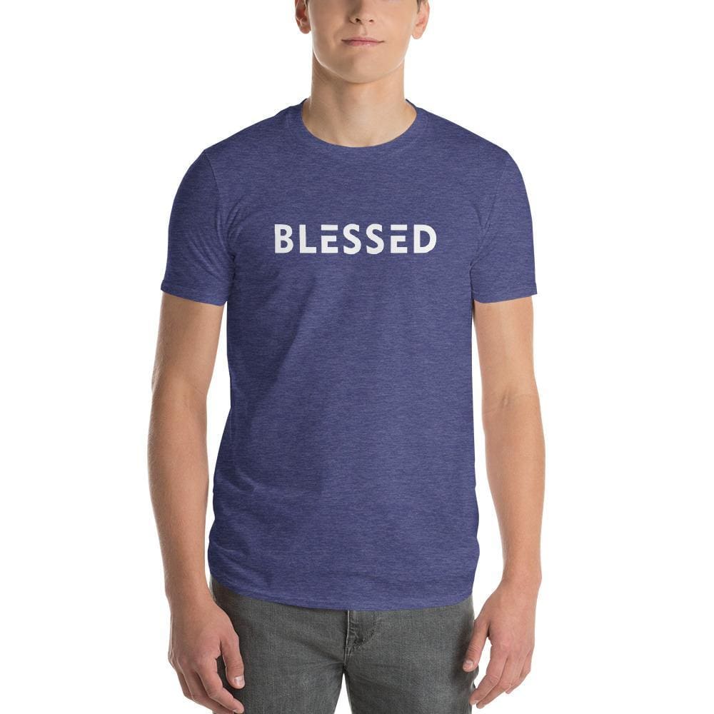 Men's graphic T-shirt, heather blue-purple, crew neck; 'BLESSED' front print